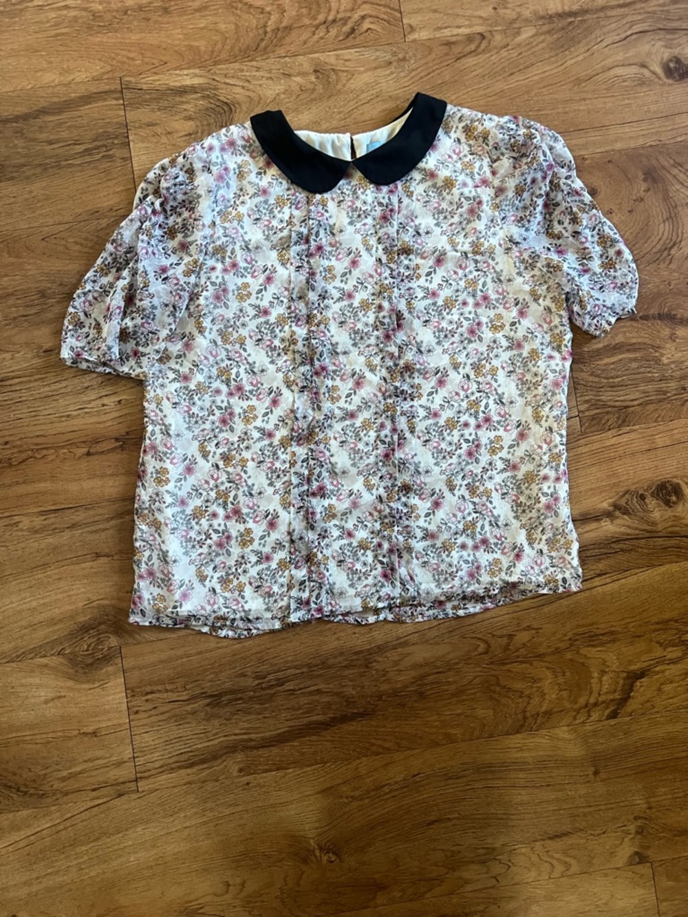 CeCe Black & White Blouse with Pink Floral Print